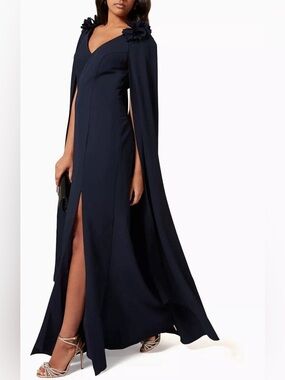 MARCHESA Notte Cape Effect Floral Applique Cady Gown with Slit Navy 4 NEW NWT